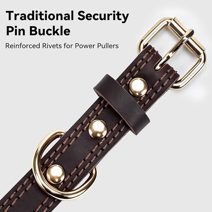 Joytale Genuine Leather Dog Collar for Large Dogs, Heavy Duty Thick Solid Leather for Power Breeds, Sturdy Adjustable Pet Collar with Metal Pin Buckle, Durable for Daily Walking, Brown, L