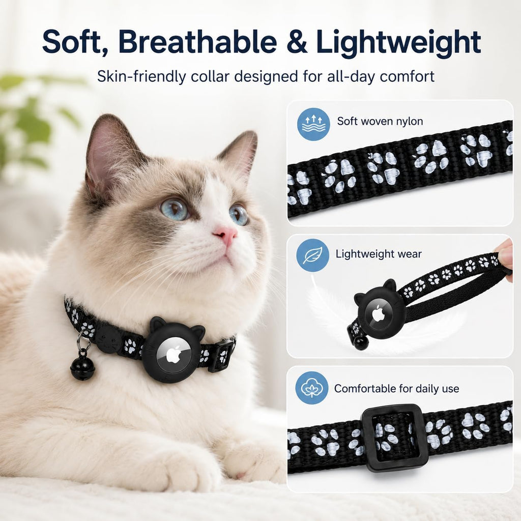 Cat Collar Breakaway 2packs, Reflective Kitten Collar with Apple Air Tag Holder and Bell for Girl Boy Cats, 0.4 Inches in Width and Lightweight (Black)