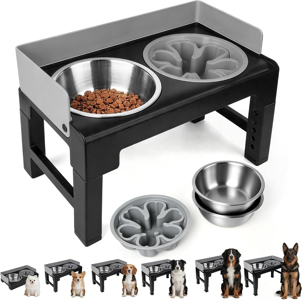 Pawise Elevated Dog Bowl Stand，Adjustable Height，Slow Feeder for Dogs | Splash proof,1 Slow Feeder Bowl， 2 stainless steel bowls, 6 heights for all dog sizes