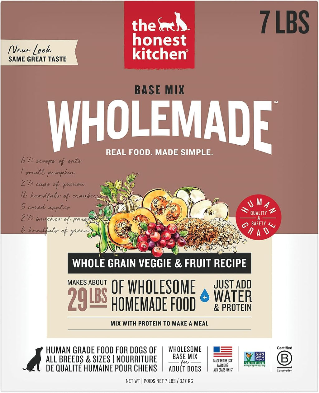 The Honest Kitchen Human Grade Whole Grain, Veggie & Fruit Base Mix Dehydrated Dog Food (Just Add Protein) - 7 Pound Box (Makes 12 Pounds)