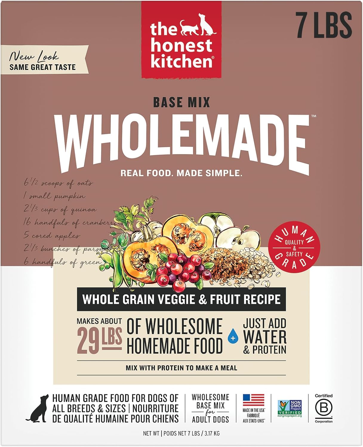 The Honest Kitchen Human Grade Whole Grain, Veggie & Fruit Base Mix Dehydrated Dog Food (Just Add Protein) - 7 Pound Box (Makes 12 Pounds)