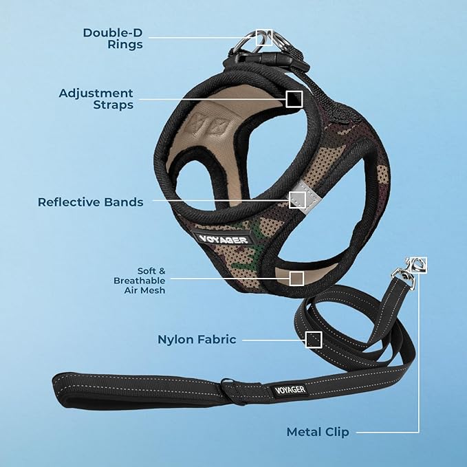 Best Pet Supplies Voyager Step-in Air All Weather Mesh Harness and Reflective Dog 5 ft Leash Combo with Neoprene Handle, for Small, Medium and Large Breed Puppies - Army Base, L
