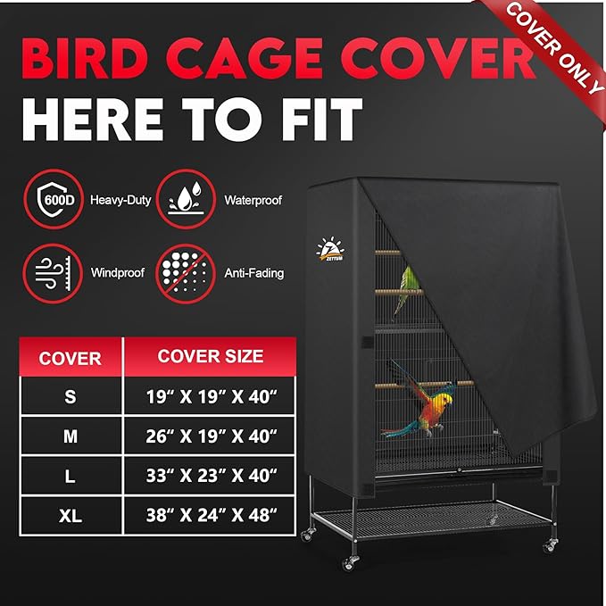 Zettum Bird Cage Cover - 600D Bird Cage Covers for Night Heavy Duty & Waterproof, Fade-Resistant Pet Bird Cage Cover Accessory for Parakeet, Parrot, Cockatiel and More Finches - 33 x 23 x 40 Inch