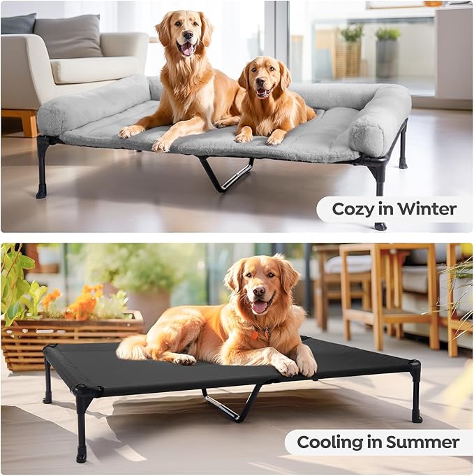 Veehoo Orthopedic Elevated Dog Bed with Fluffy Plush Bolster Cushion, Indoor Raised Dog Beds for Large Dogs, Soft Pet Sofa Cot with Removable Washable Mat, No-Slip Feet, 49 x 33 inches, Grey