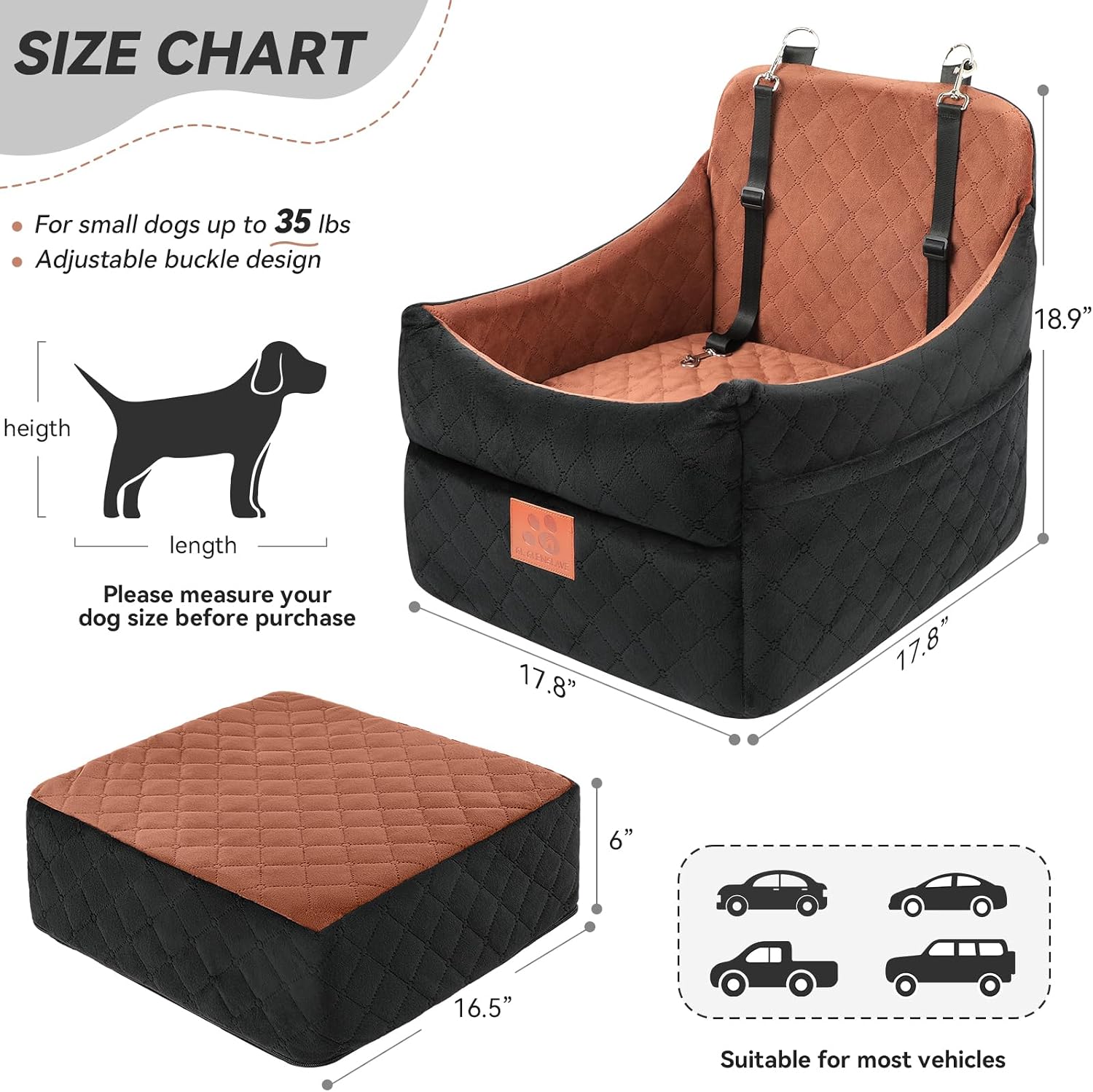 GL GLENSLAVE Dog Car Seat for Small/Medium Dogs, Dog Booster Car Seats with Thick Cushion for Dogs Under 35 lbs, Detachable Washable Pet Carseat with Storage Pockets, 2 Safety Belts(Black/Brown)