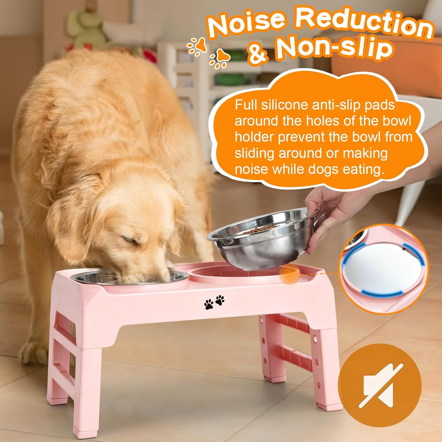 COMESOON Elevated Dog Bowls, 4 Height Adjustable Raised Bowl Stand with 2 Thick 50oz Stainless Steel Food Bowls Non-Slip Feeder Adjusts to 3.7'', 9.2'', 10.75'', 12.36'' Pink