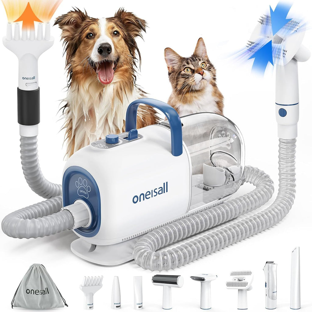 oneisall 8-in-1 Dog Grooming Vacuum & Dryer for Shedding/Drying/Trimming | Vacuum & Blower & Metal Blade Pet Clippers, Adjustable 7-Temp & 3 Air Levels, All-in-One Dog Grooming Kit, Storage bag