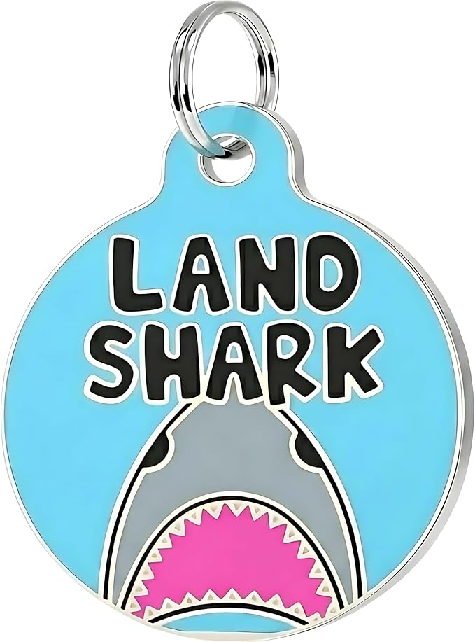 Bad Tags Personalized Dog and Cat ID Tags in 25+ Designs and 2 Sizes - 5 Lines of Custom Engraved Text - Funny Cute Personalized Pet Tags (Land Shark, Small (1 inch))