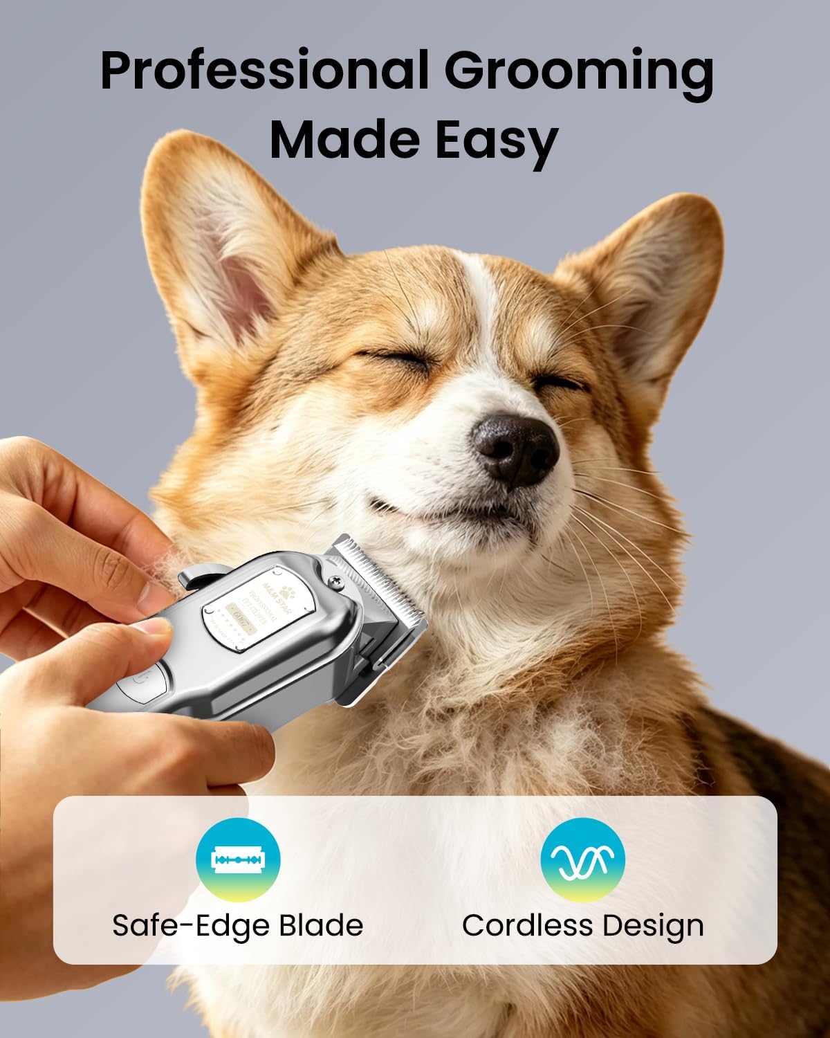 M&M STAR Dog Clippers for Grooming Thick Heavy Coats, All-Metal Body Low Noise Cordless Rechargeable Dog Hair Trimmer, Stainless Steel Blade, Professional Pet Grooming Kit for Dogs & Cats (Silver)