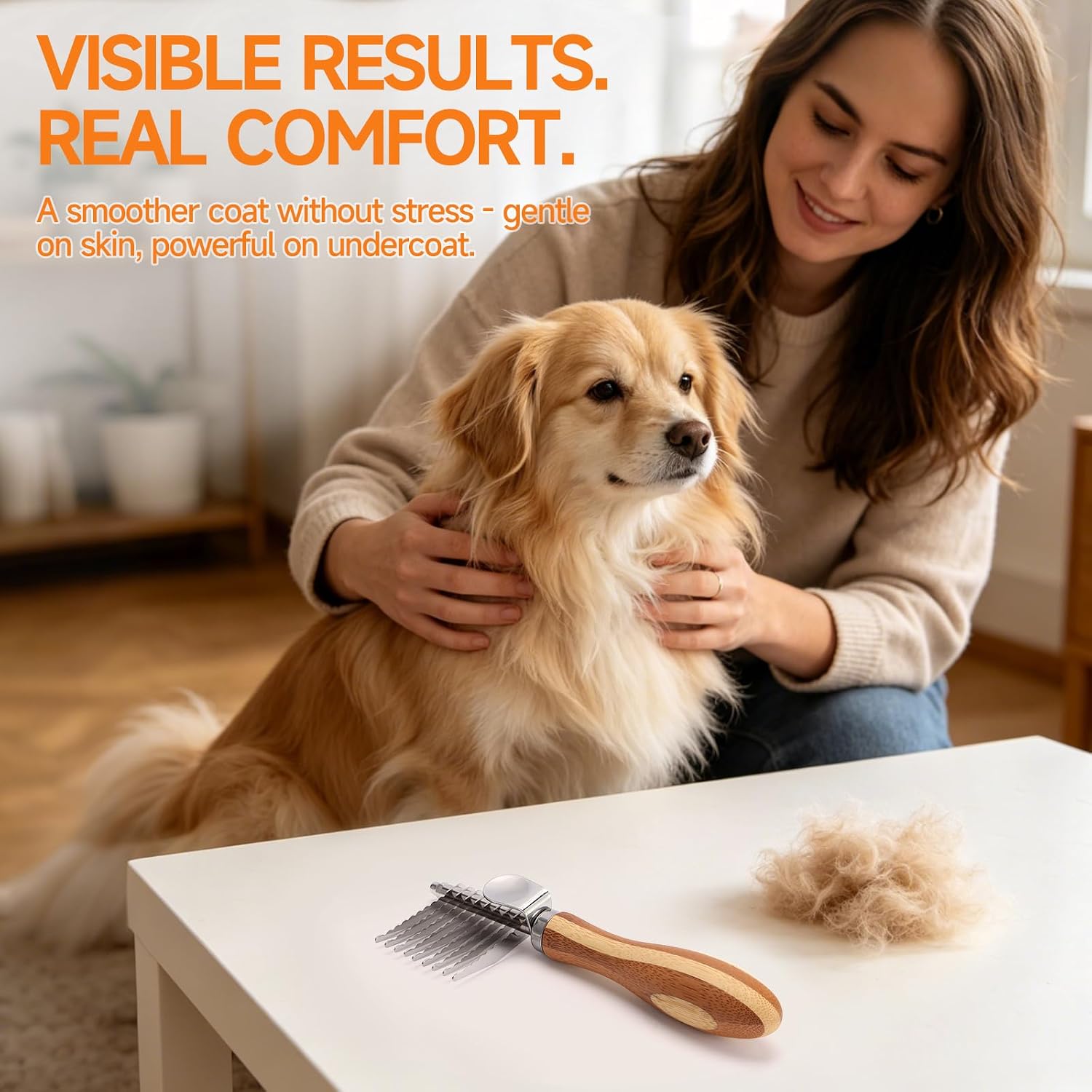 Pet Dematting Comb with Bamboo Handle, Dog Cat Grooming Brush for Removing Mats, Knots, Tangles & Loose Fur, Stainless Steel Undercoat Rake for Long & Short Haired Pets