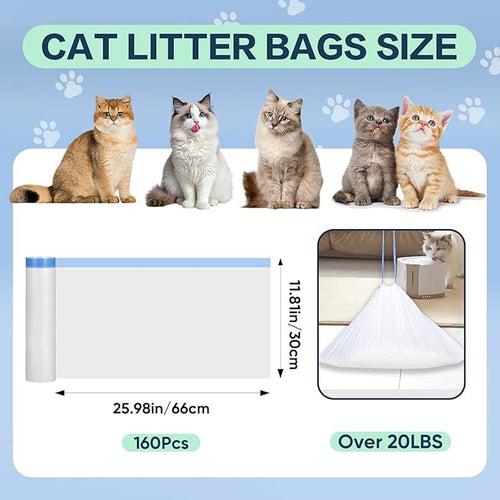 160 Count Cat Litter Box Liners Compatible with Cumrige & Fsitego & Fumoi Self Cleaning Litter Box, Cat Litter Liners for Automatic Litter Box, Heavy Duty Waste Bags with Drawstrings, 25.98" x 11.81"