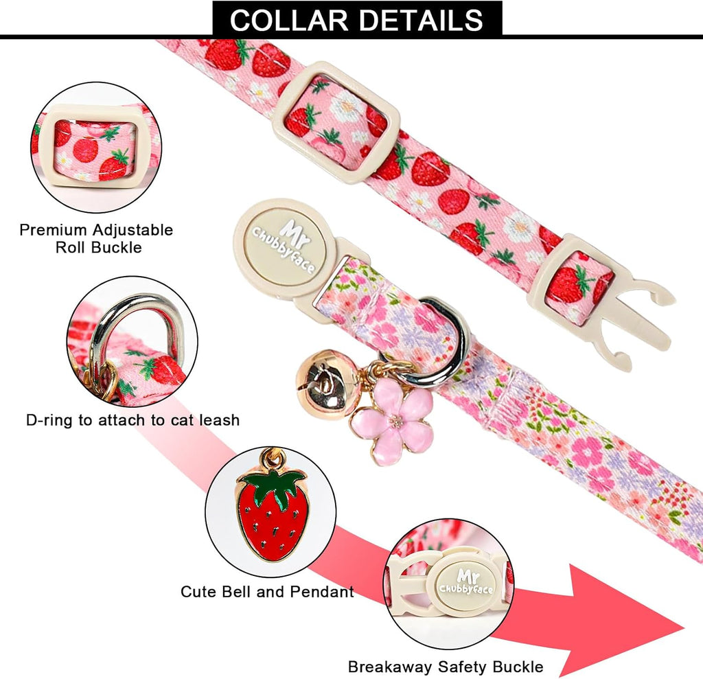 ·MR. CHUBBYFACE· 2 Pack Spring Summer Cat Collar, Cotton Breakaway Cat Collar with Bell, Strawberry&Floral Pendent, Adjustable Durable Pet Collar for Female Male Cat