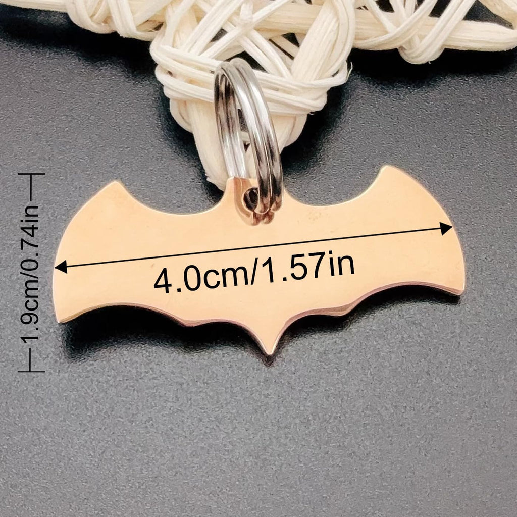 Stainless Steel Cat ID Tag Personalized Pet Tags with up to 4 Lines of Custom Text, Small Pet Mini Dog Cat Tag Lightweight, Engraved on Both Sides, Multiple Patterns Colors Size Options (Bat Shaped)