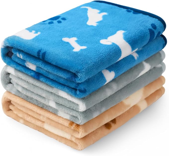 Luciphia 1 Pack 3 Dog Printed Fleece Pet Blankets Washable，Soft Warm Throw Covers for Crate Couch Bed，Cozy Puppy Essentials for Dogs and Cats， Blue/Grey/Khaki, Large (41x31 inch)