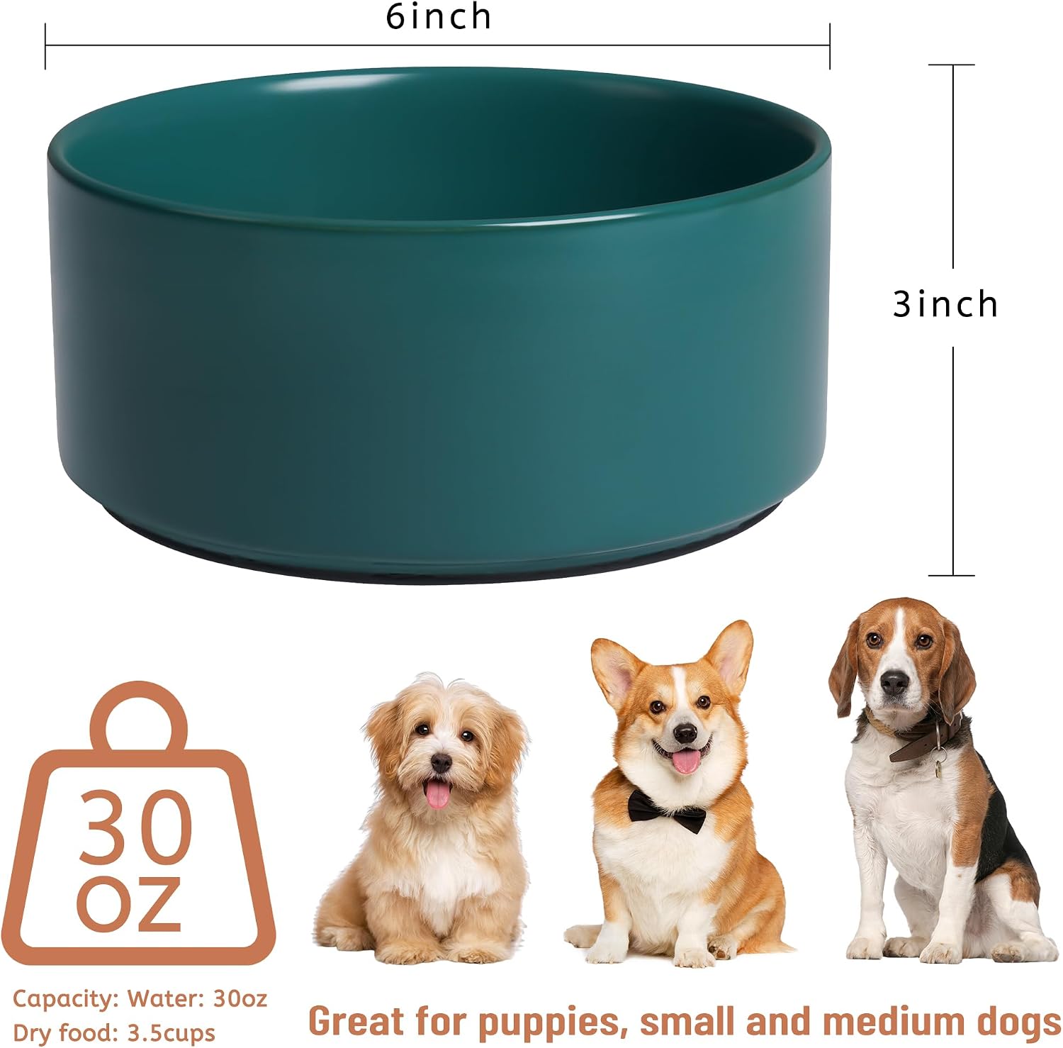 Ceramic Dog Bowls, Non Slip Dog Food and Water Bowl with Silicone Base, Heavy Pet Feeding Bowl for Small, Medium, and Big Dogs (Green, 6 Inches)