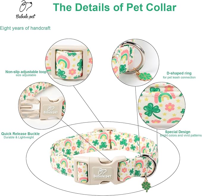 St. Patrick's Day Dog Collar for Small Dogs - Cute Shamrock & Rainbow Print Dog Collars, Irish Green Party Puppy Collar, Lightweight Adjustable St. Patricks Day Pet Collars XS