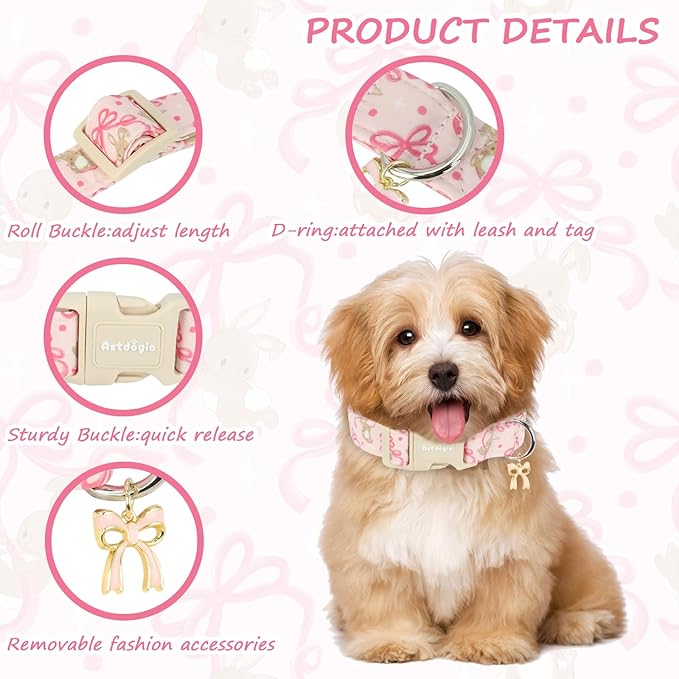 Easter Dog Collar, Spring Pink Dog Collar with Pink Bow & Rabbit, Adjustable Cotton Puppy Collars Girl Boy Collar for Small Medium Large Dogs -S