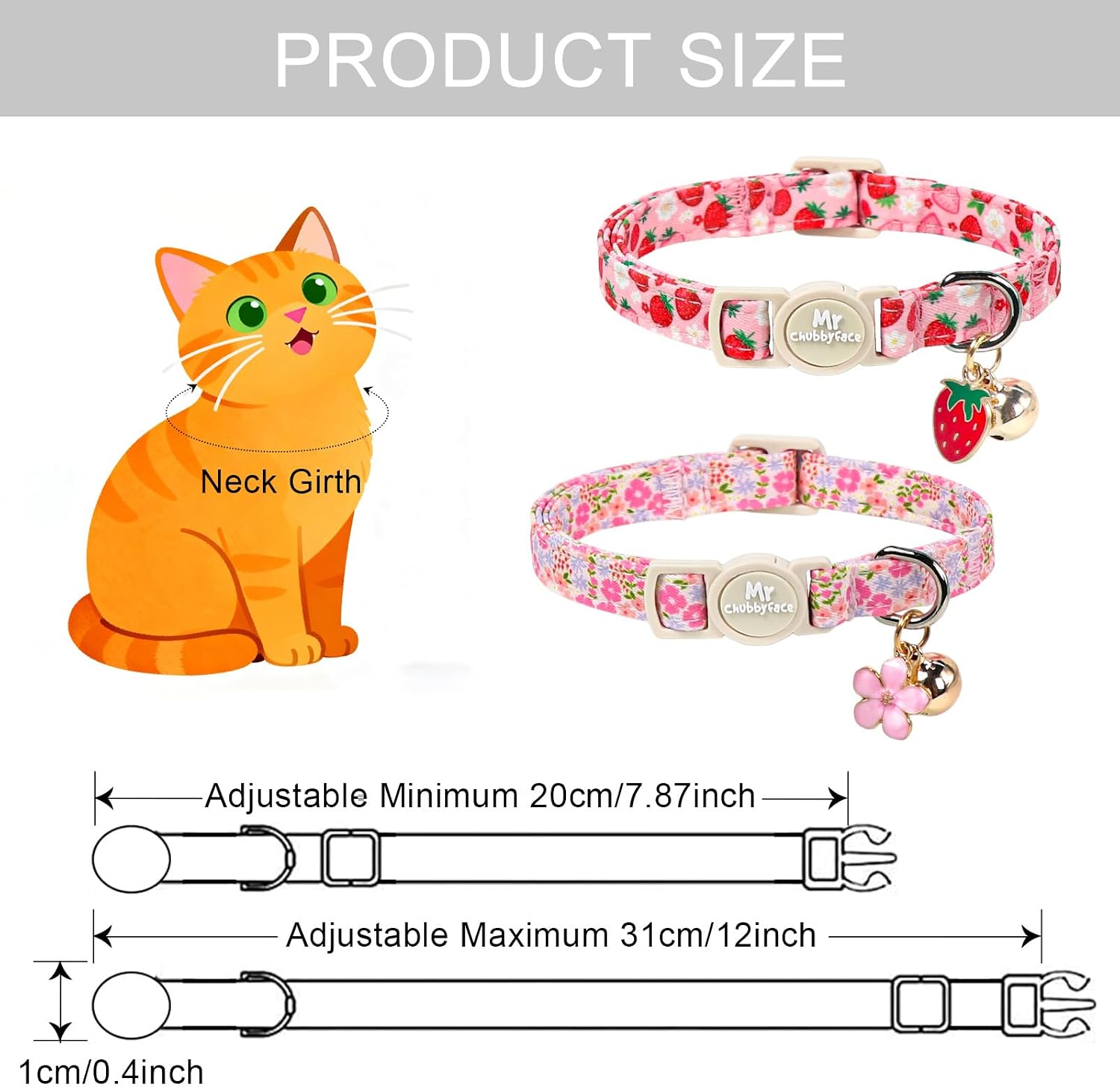 ·MR. CHUBBYFACE· 2 Pack Spring Summer Cat Collar, Cotton Breakaway Cat Collar with Bell, Strawberry&Floral Pendent, Adjustable Durable Pet Collar for Female Male Cat