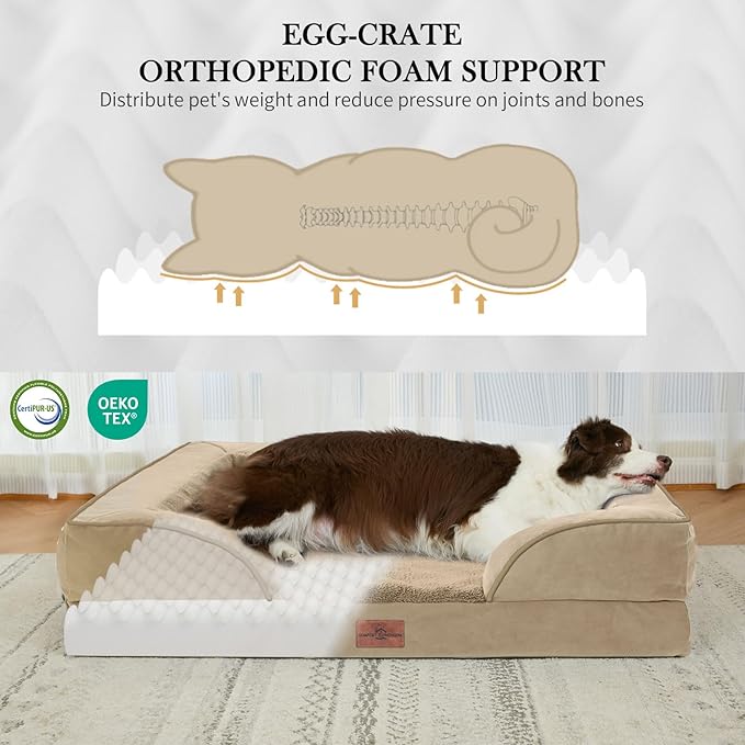 Comfort Expression Orthopedic Dog Bed for Medium Dogs 30x20 Inch, Waterproof Egg Crate Foam Medium Pet Bed with Removable Bolsters, Dog Couch with Washable Cover & Non-Slip Bottom, Light Brown