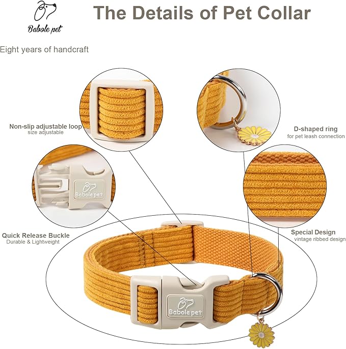 Cute Corduroy Dog Collar - Mustard Yellow Adjustable Dog Collars for X-Small Dogs 4-10lbs, Fade-Proof with Secure Snap & Little Charm, Christmas Birthday Gift, XS