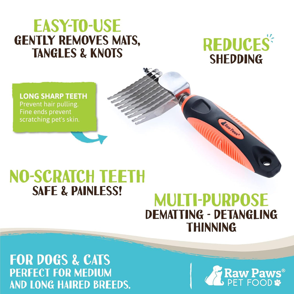 Raw Paws Dematting Comb - 1 ct, Long Blades & Safety Edges, For Cats and Dogs - Removes Mats, Tangles & Knots | For Matted Hair, Shedding & Hair Removal - Dematting Comb for Dogs - Cat Dematting Tool - Grooming Brush for Dogs