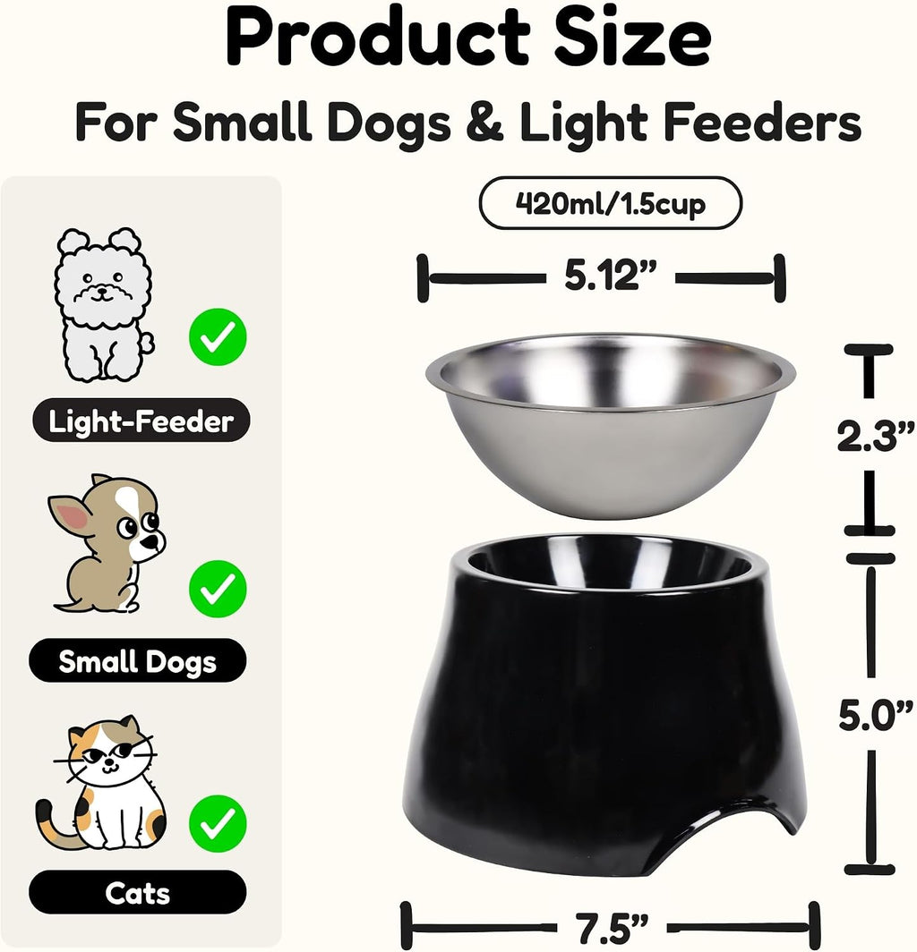 2 Pack Elevated Spaniel Dog Bowl, Melamine Raised Dog Food Bowl for Long-Eared Dogs, Raised Dog Bowls for Small & Medium Dogs, Stainless Steel Inner Bowl, Non-Slip Base (Black*2, 420 mL/1.5 Cups)