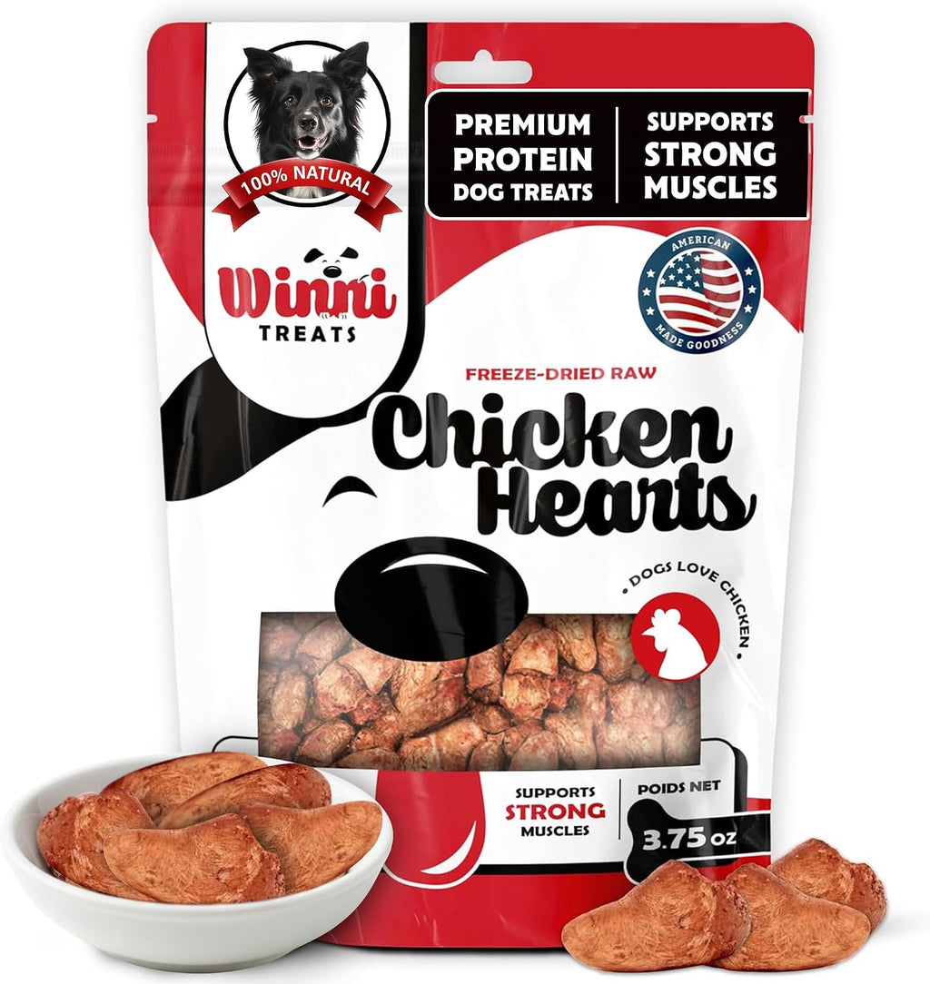 Winni Treats Freeze Dried Chicken Hearts for Dogs - Single Ingredient, Preservative-Free, Premium Chicken Hearts, High in Protein for Strong Muscles, Low in Fat, Healthy Dog Treats (3.75 Ounces)