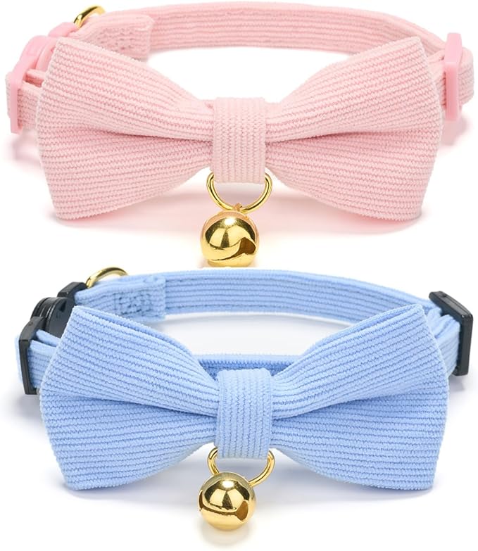 2 Pack Soft Corduroy Cat Collars with Bow Tie & Bell Adjustable Breakaway Bowtie Kitten Collar for Girl Boy Kittens(Blue & Pink)