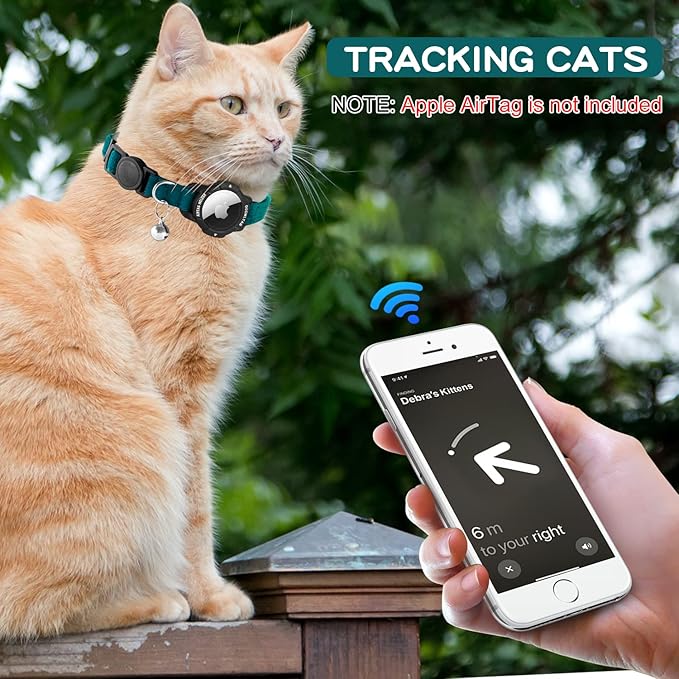 Luminous AirTag Cat Collar Breakaway, OUCWLTAG GPS Cat Collar with Apple Air Tag Holder, Cat Tracker Collars with Safety Elastic Band for Girl Boy Cats, Kittens and Puppies (Blue, 7-10 Inch)