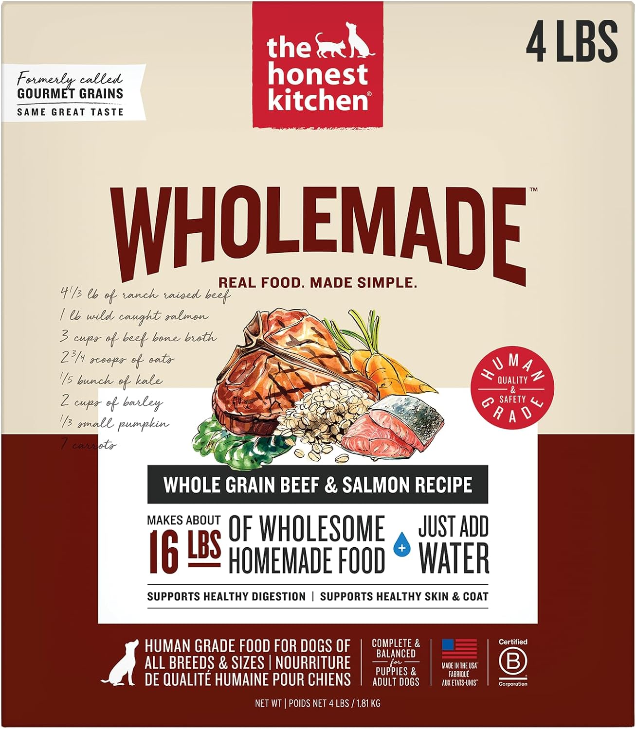 The Honest Kitchen Human Grade Wholemade™ Dehydrated Whole Grain Beef & Salmon Dog Food - Complete & Balanced Meal or Topper - 4 lb Box