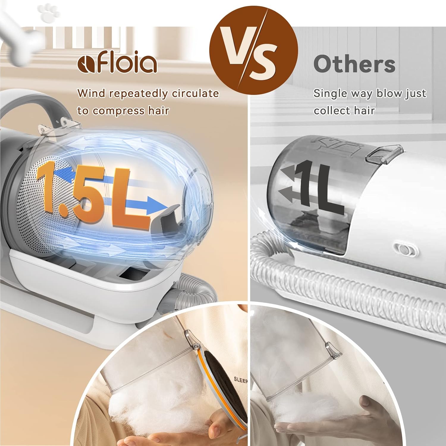 Afloia Dog Grooming Vacuum Kit, 1.5L Tank, White | Contains floating fur during coat care, helping sofas, floors and clothes stay cleaner between deep cleans.