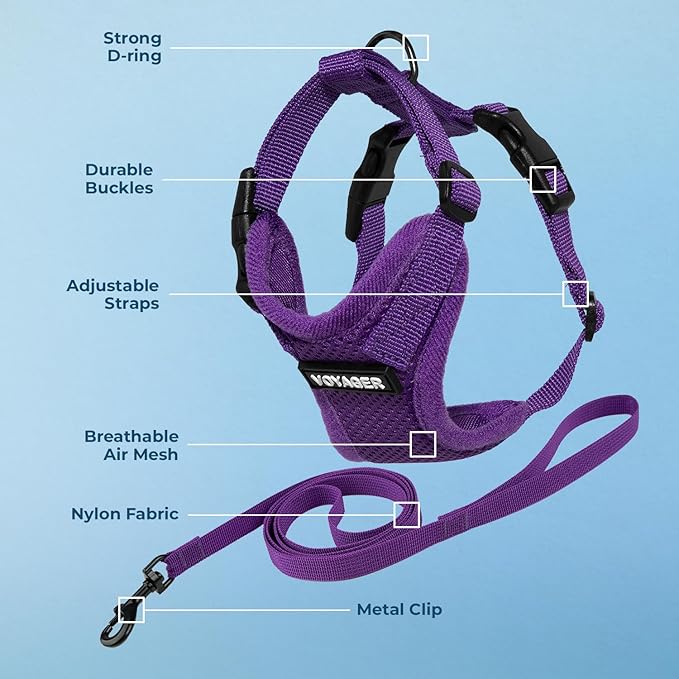 Voyager Escape-Proof Step-in Lock Cat Harness & 5ft Neoprene-Handle Leash Set All-Weather Mesh with Reflective Stitching for Small to Large Cats by Best Pet Supplies, Purple, XS