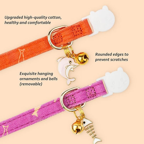 2 Pack Cotton Breakaway Cat Collar Orange and Purple Fish Pendant Cute Kitten Cat Collar with Bell