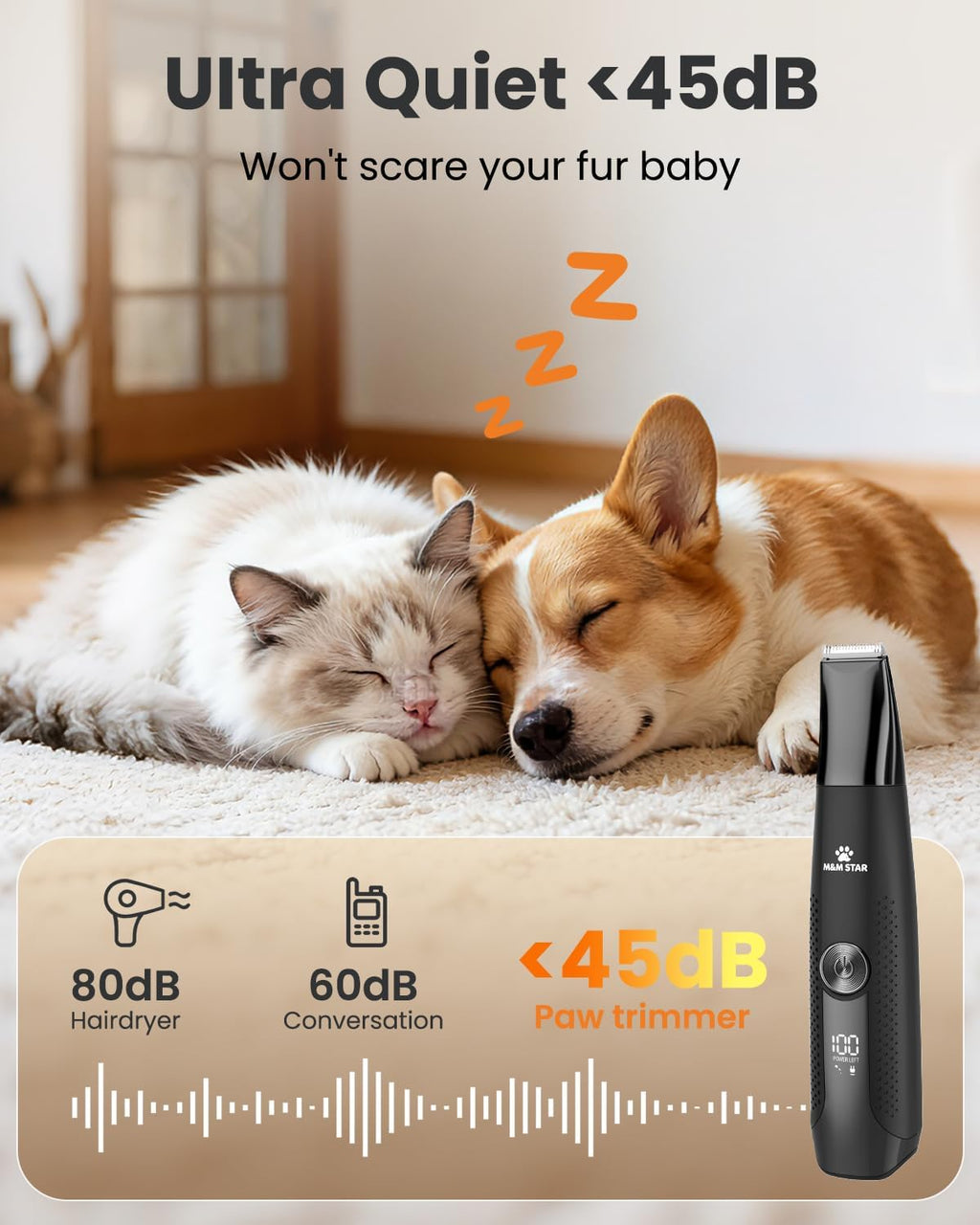 M&M STAR Dog Grooming Kit, 4-in-1 Dog Clippers for Grooming, Cordless Dog Hair Trimmer with Dog Paw Trimmer & Dog Nail Grinder, Low Noise Pet Clippers for Dogs Cats Face Ears Paws