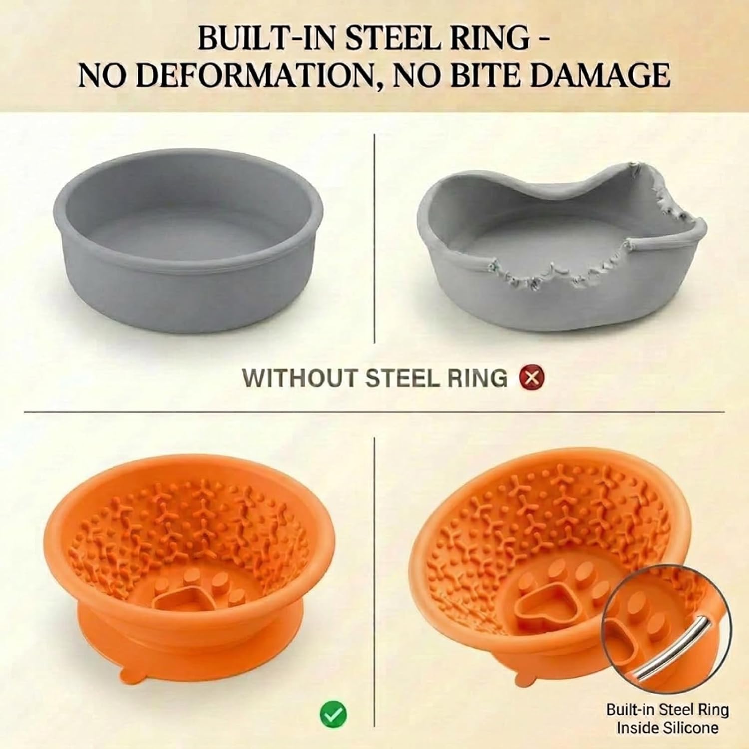 Dog Slow Feeder Lick Bowl to Prevent Fast Eating, Steel Reinforced Rim, Non-Slip Suction Base, BPA-Free Silicone, Dishwasher & Freezer Safe, Helps Extend Mealtime & Keep Dogs Calm(Orange)