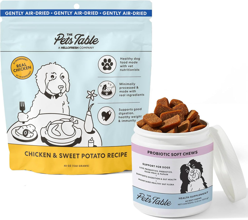 Bundle of Chicken & Sweet Potato Air-Dried Dog Food, 48-Ounce Bag + Probiotic Soft Chews Duck Flavored Gut Health Supplement for Dogs, 60 Chews (Pack of 2)