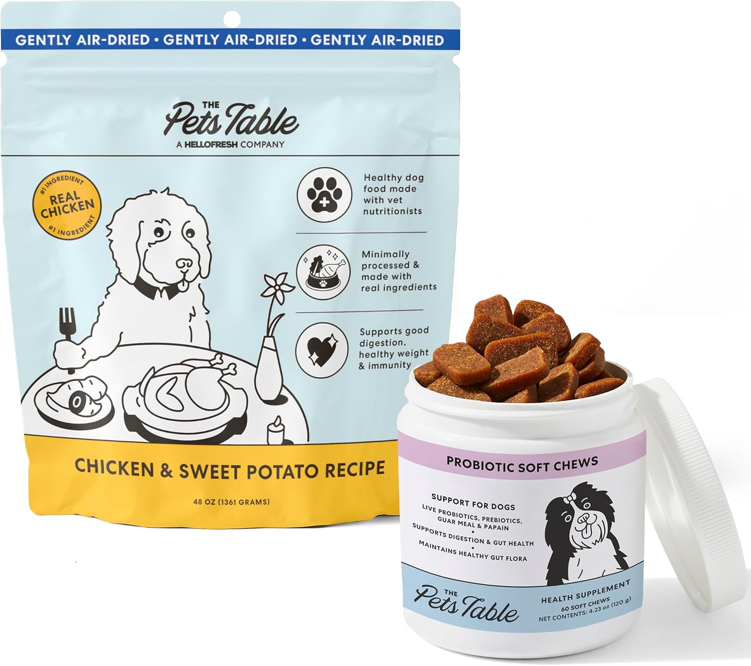 Bundle of Chicken & Sweet Potato Air-Dried Dog Food, 48-Ounce Bag + Probiotic Soft Chews Duck Flavored Gut Health Supplement for Dogs, 60 Chews (Pack of 2)