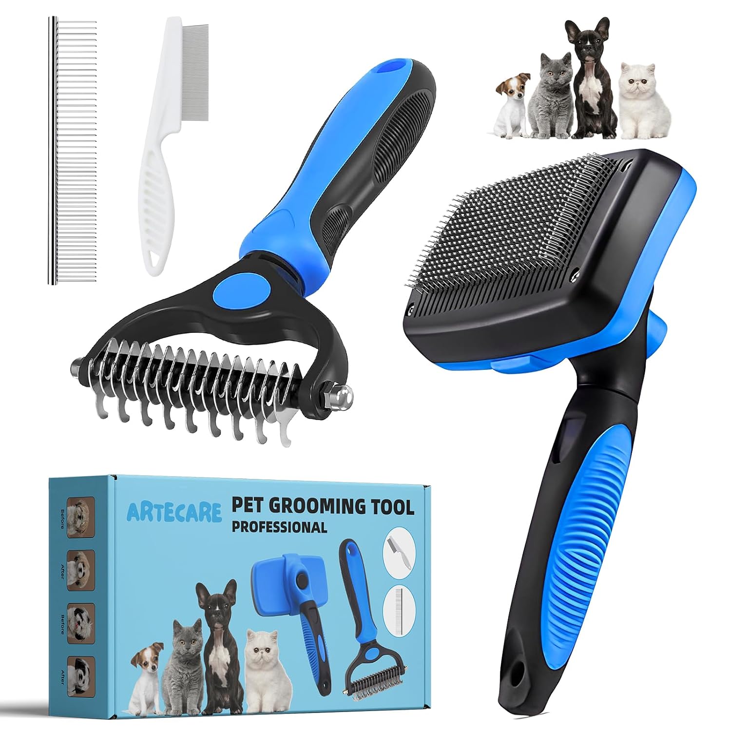 4 in 1 Skin Friendly Grooming kit including Dematting Rakes,Self Cleaning Slicker Brush,Deshedding Brush,Flea Comb for Haired cat Dog and Small Animals.