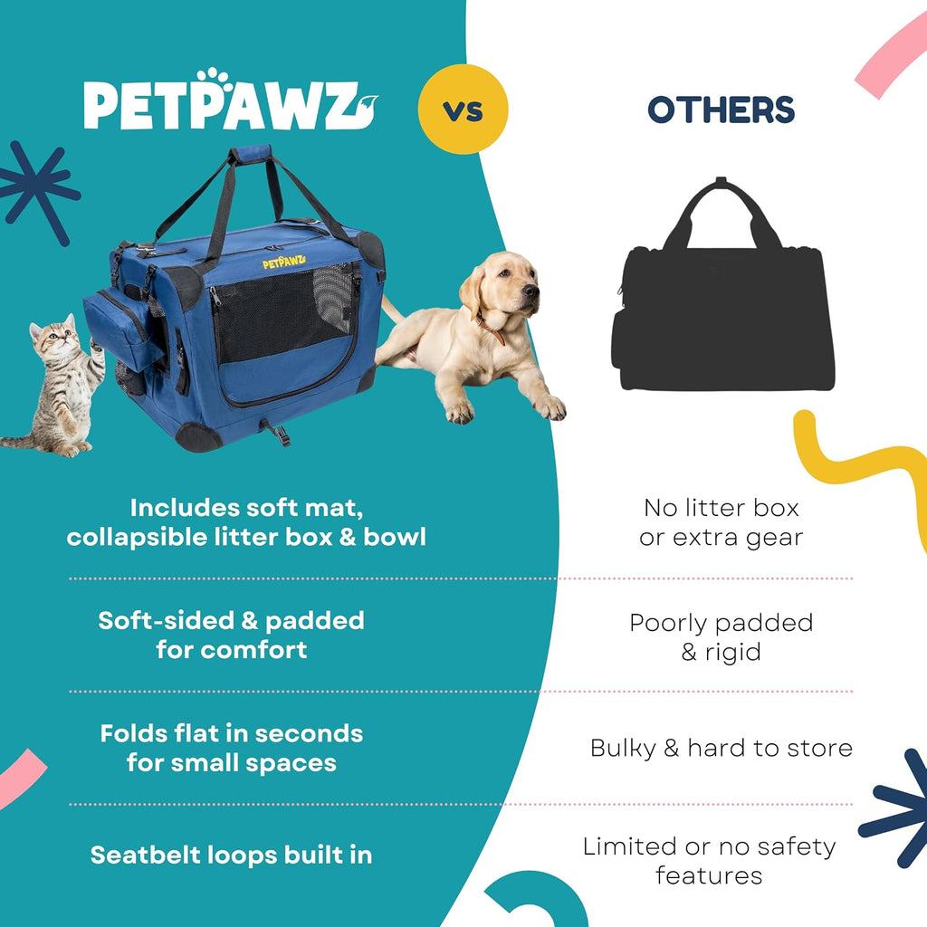 Soft Pet Carrier & Dog Carrier with Travel Litter Box & Collapsible Bowl 24x17x17 – Large Cat Carrier & Small Dog Crate for Car, Vet Visits, Home & Traveling