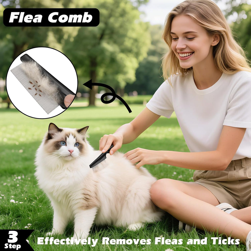 Professional 3PCS Self Cleaning Slicker Brush & Pet Grooming Rake & Flea Comb for Dogs,Cats and Horses | Double-Sided Dematting Comb & Skin Friendly Deshedding Grooming Tool | Pet Supplies (Blue)