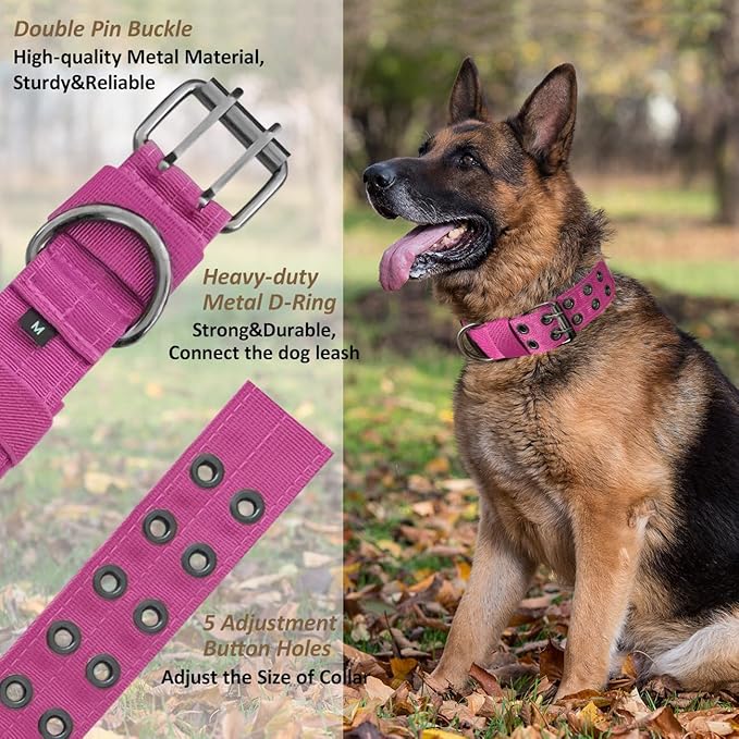 Tactical Dog Collar with Handle, Military Adjustable Heavy Duty Metal Buckle Dog Collars Soft Nylon Training Collar for Medium Large Dogs (Pink, Medium)