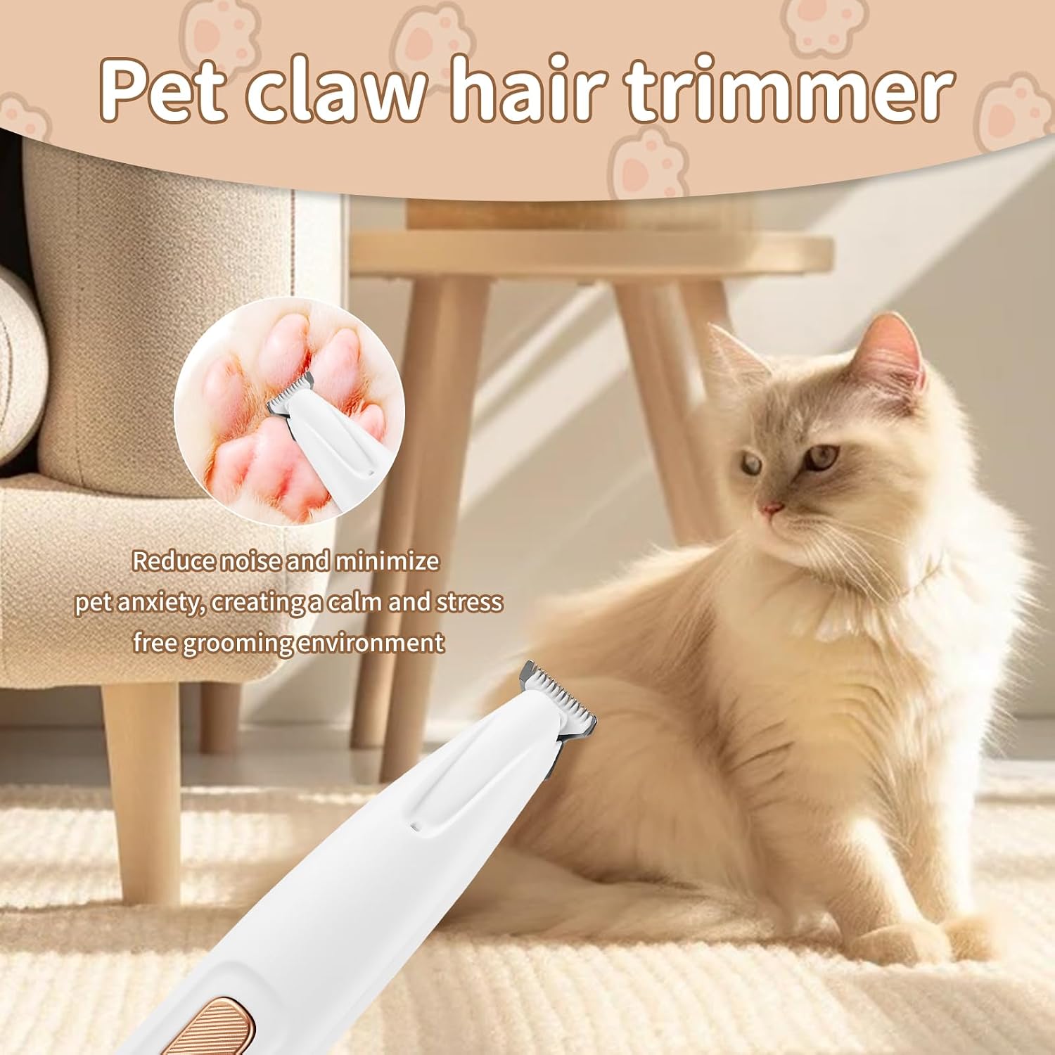 Silent, Cordless, Handheld and Washable Pet Hair Clipper. Equipped with LED Lights Paw Trimmers for Pet's Feet, Rechargeable, Suitable for Paws, Eyes, Ears, Face and Buttocks Areas