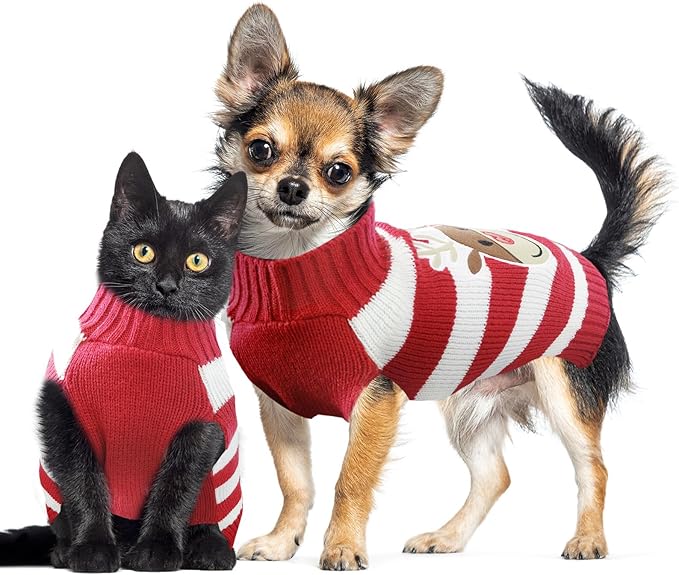 Dog Christmas Sweater Cute Striped Reindeer Xmas Pet Clothes Holiday Puppy Cat Costume New Year Gifts for Small Medium Large Dogs Jumpers (S, Red White Stripe Reindeer)