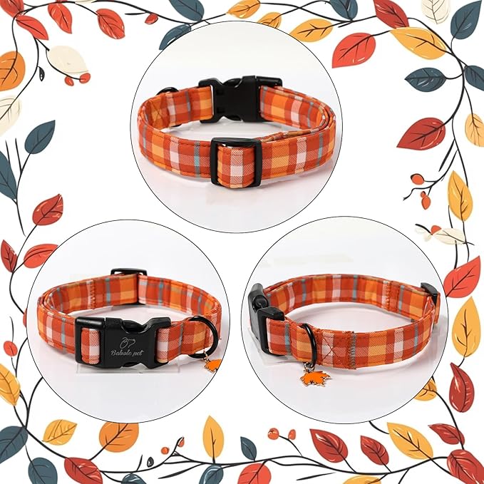 Fall Dog Collar Cute Orange Plaid Puppy Collar - Light Comfortable Adjustable Pet Collars for Small Medium Large Girl Boy Dogs XL