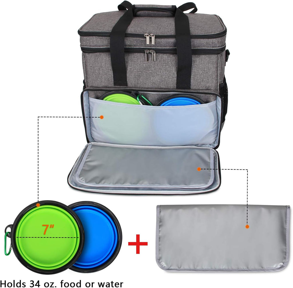 Teamoy 2 Layer Dog Travel Bag, Pet Supplies Weekend Tote Organizer, Gray | Large Dog Bag for Supplies with 2 Silicone Collapsible Bowls, 2 Food Carriers, 1 Water-Resistant Placemat