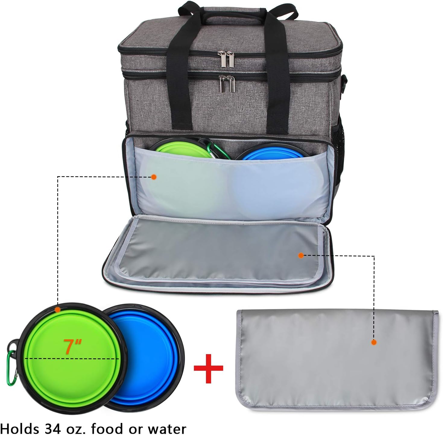Teamoy 2 Layer Dog Travel Bag, Pet Supplies Weekend Tote Organizer, Gray | Large Dog Bag for Supplies with 2 Silicone Collapsible Bowls, 2 Food Carriers, 1 Water-Resistant Placemat