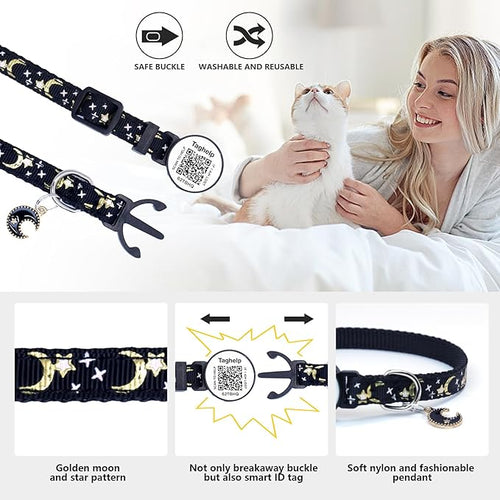2PCS Breakaway Cat Collars with Moons Stars Cute Kitty Adjustable Safe Kitten Collars with Smart ID QR Code tag,Moon and Star Kitten Safety Collars for Boys & Girls(Black & Purple)