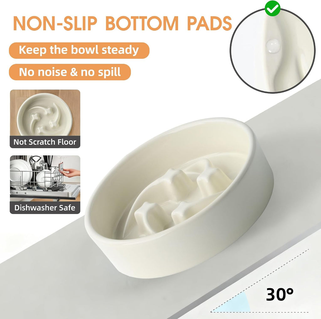 Ceramic Slow Feeder Dog Bowls Small Breed, 0.6 Cups, 6.4 Inch Beige | Raised maze design slows fast eating for small dogs, puppies and cats; heavy ceramic, non-slip and dishwasher safe.