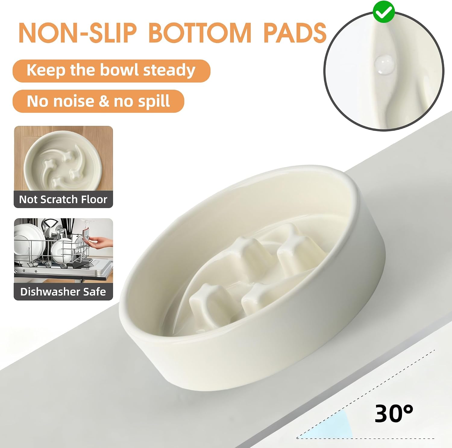 Ceramic Slow Feeder Dog Bowls Small Breed, 0.6 Cups, 6.4 Inch Beige | Raised maze design slows fast eating for small dogs, puppies and cats; heavy ceramic, non-slip and dishwasher safe.