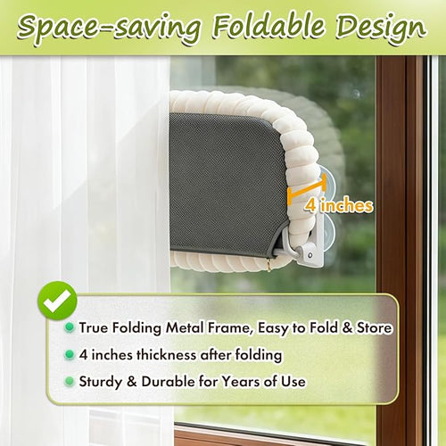 2PC Cat Window Perch with Bolster Foldable Cat Hammock Cushion Bed for Window with Metal Frame, Cloud-Cuddle Cordless Window Resting Seat for Indoor Cats (Cushion Bed, White-L)